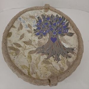Rustic Tree of Life Studio Art Pottery Purple Hearts Leaves 1/2" Diameter Plate